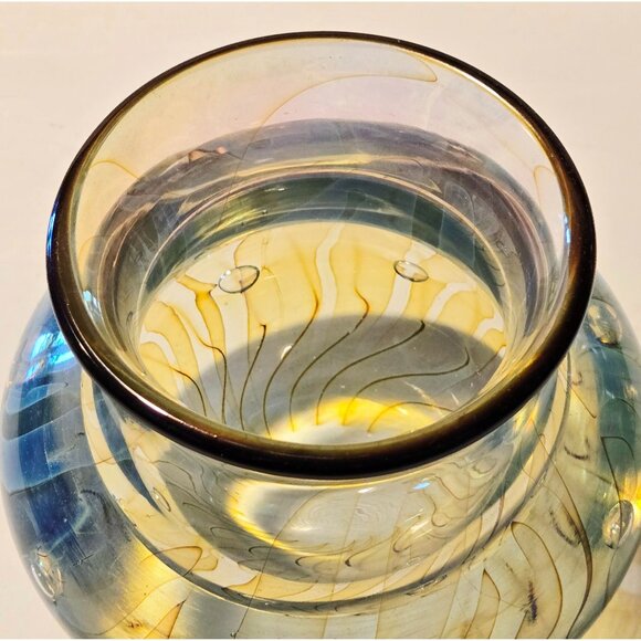 Dabanian Karnig Handblown Art Glass bowl Iridescent Gold & Blue Swirl Design w/T - Picture 5 of 9
